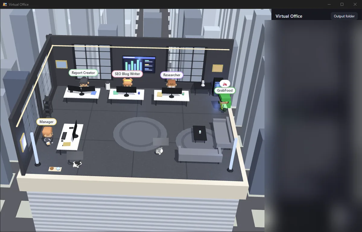 Virtual office app with AI agents at their desks